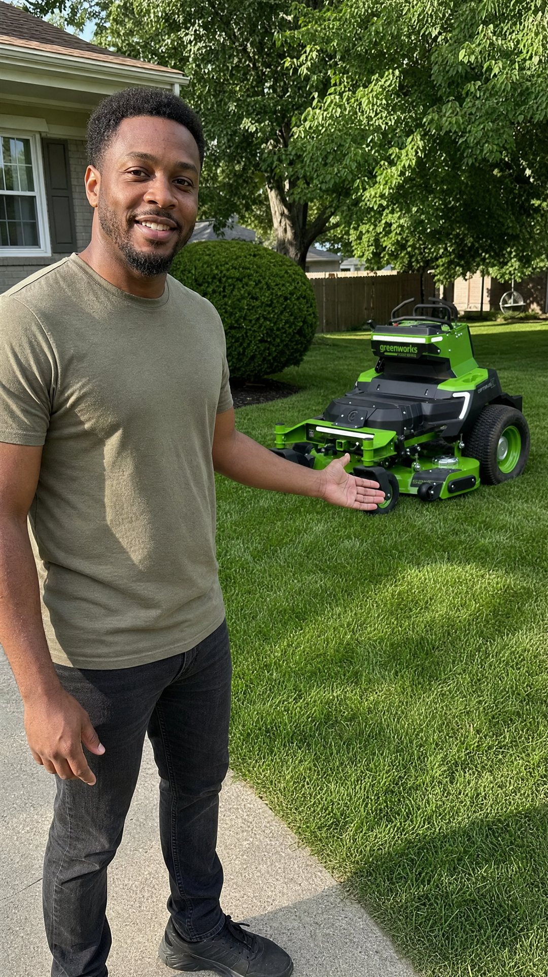 Your friendly local, all-electric lawn mowing pro presenting the commercial stand-on mower on a freshly striped Hershey lawn