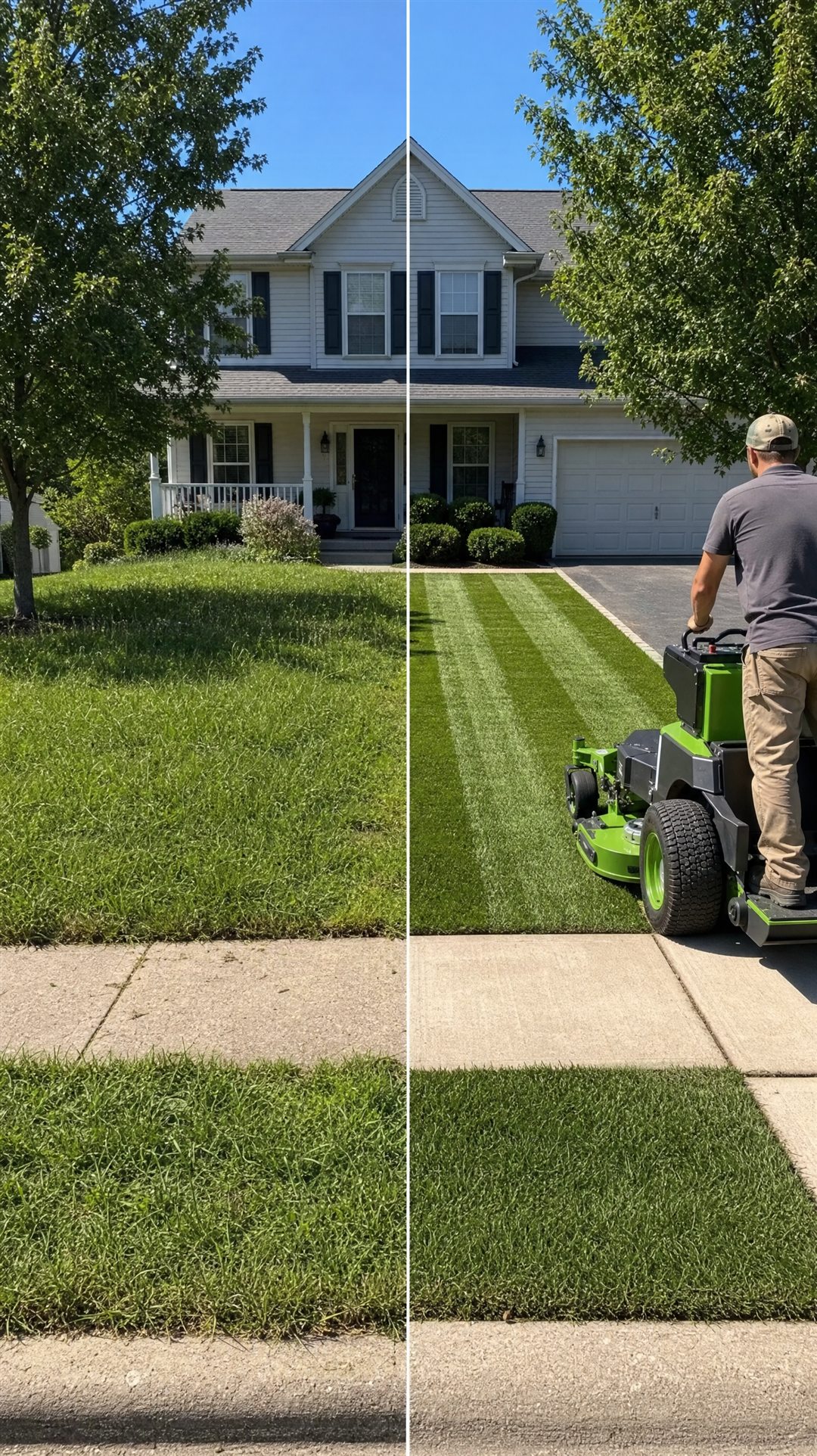 Before and after: an overgrown suburban front lawn transformed into a freshly striped green lawn with an all-electric mower