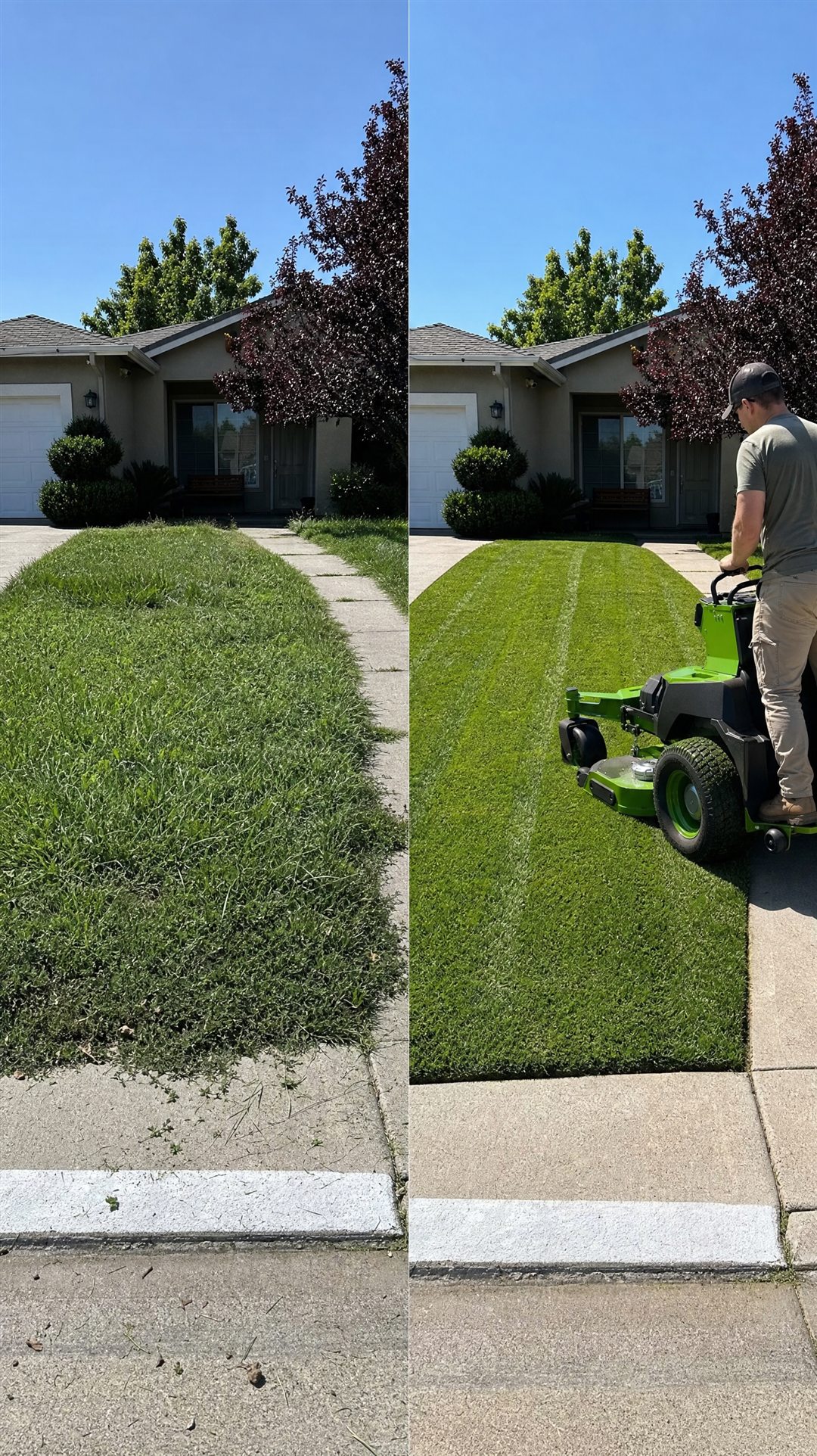 Before and after: a shaggy front lawn mowed into clean green stripes with an all-electric stand-on mower