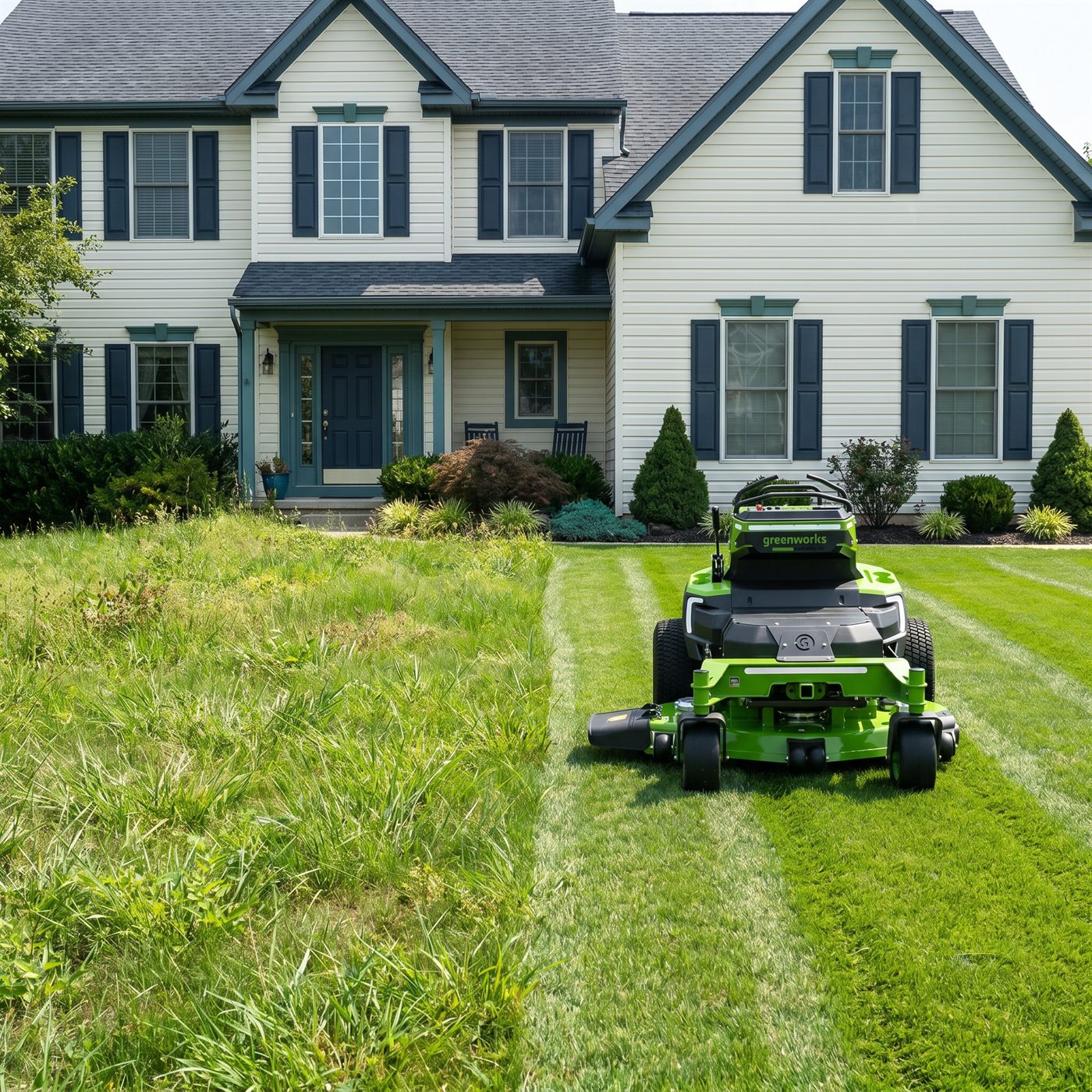 One pass in progress: an overgrown Hershey front lawn on the left turning into crisp mowed stripes on the right, cut by a green all-electric Greenworks stand-on mower