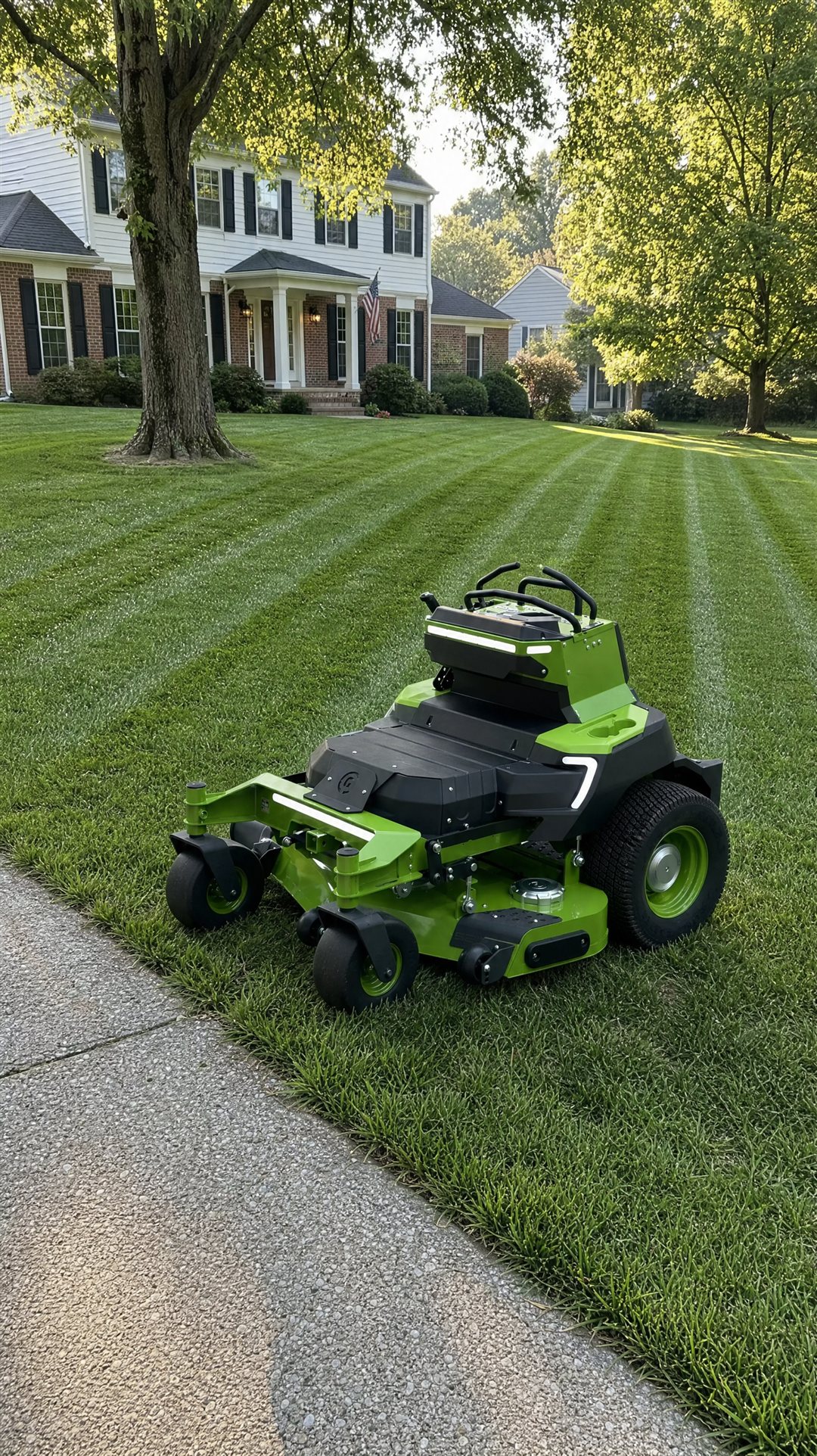 All-electric commercial stand-on mower on a freshly striped green lawn in front of a Hershey, PA home